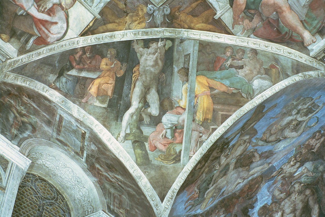 Sistine Şapeli Tavanı: Haman (pandrel) (restorasyon öncesi) by Michelangelo Buonarroti