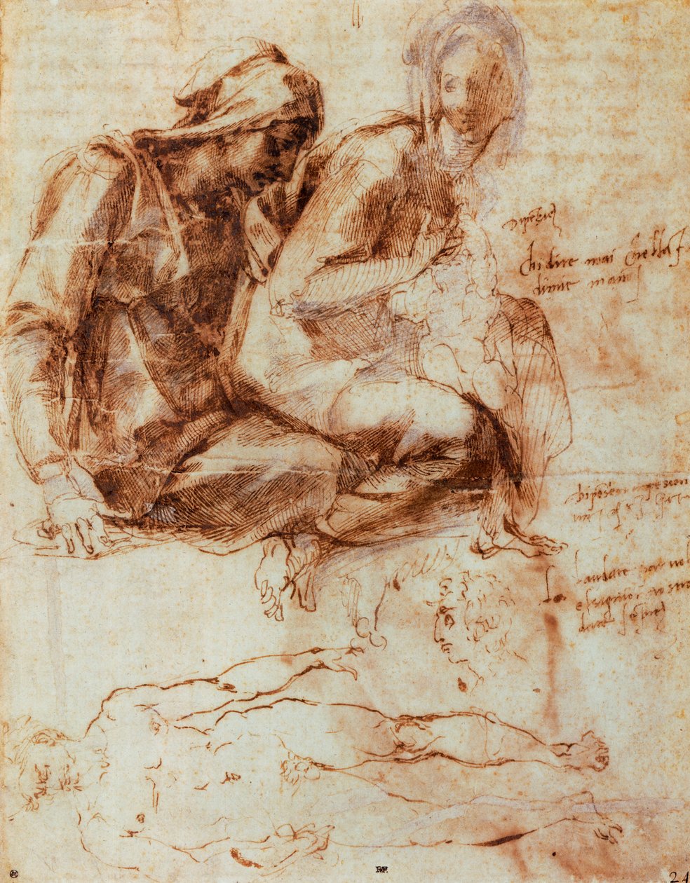 St Anne ve Madonna with Child, Michelangelo (1475-1564), çizim by Michelangelo Buonarroti