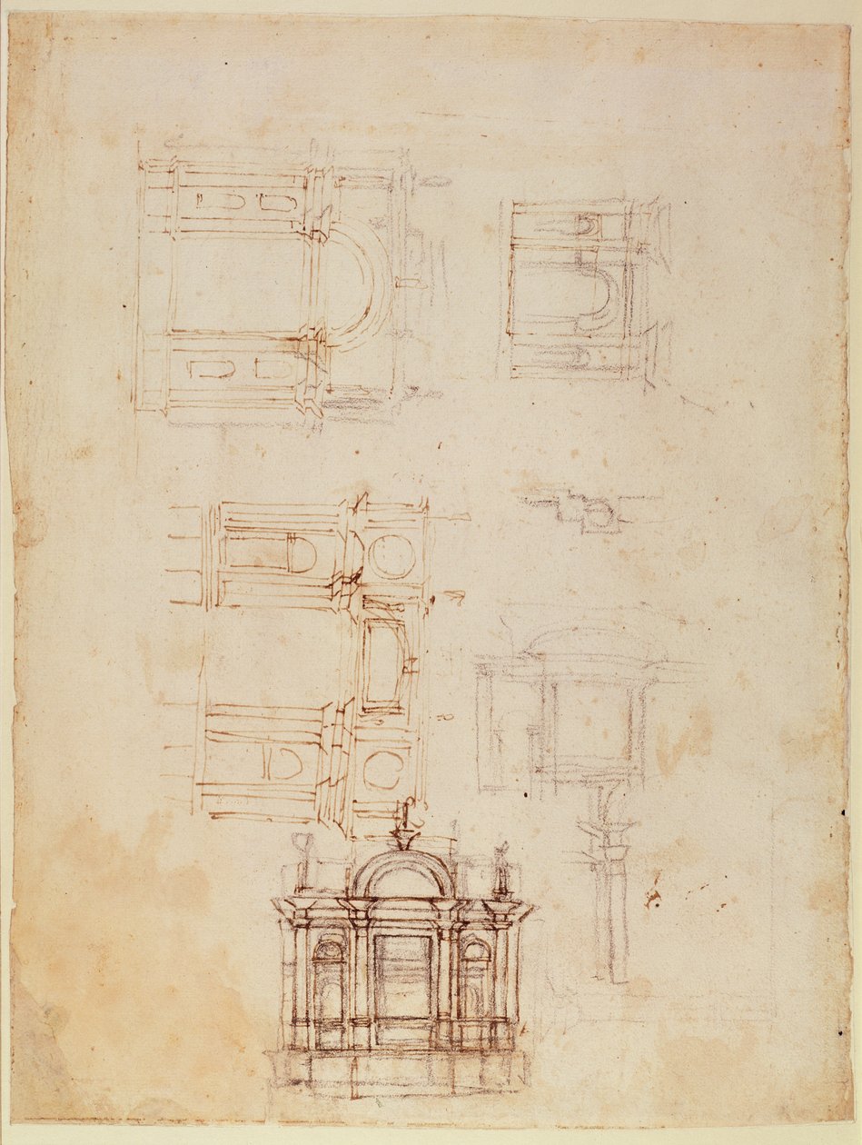 Zafer takı biçiminde mimari kompozisyon çalışmaları, c.1516 (kağıt üzerine kalemli siyah tebeşir ve kağıt üzerine kahverengi mürekkep) (recto) (ayrıca bkz. 191776) by Michelangelo Buonarroti