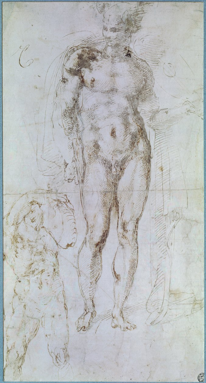 Omuzlarında bir pelerin ve bir yük taşıyan bir adam figürü ile çıplak duran Apollo (eski adıyla Merkür) için çalışma by Michelangelo Buonarroti