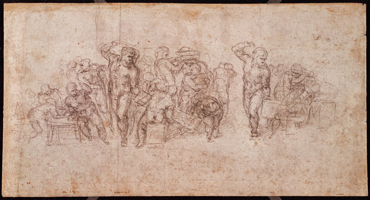 Bir Anlatı Sahnesi için Figürlerin İncelenmesi (kağıt üzerinde siyah tebeşir) (rekto) (ayrıca bkz. 191764) by Michelangelo Buonarroti