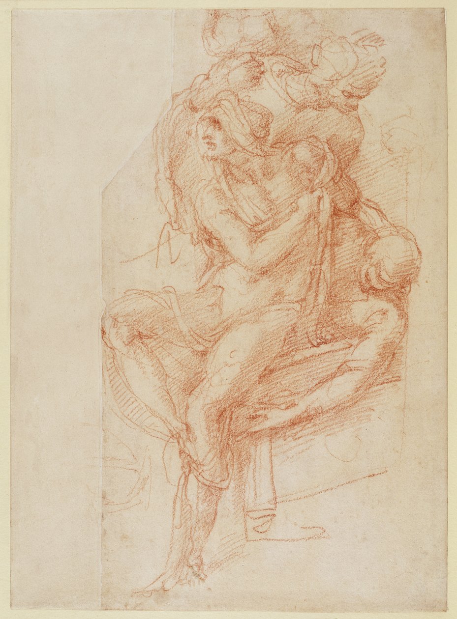 Lazarus ve iki Refakatçi Figürü Çalışması (kağıt üzerinde kırmızı tebeşir) by Michelangelo Buonarroti