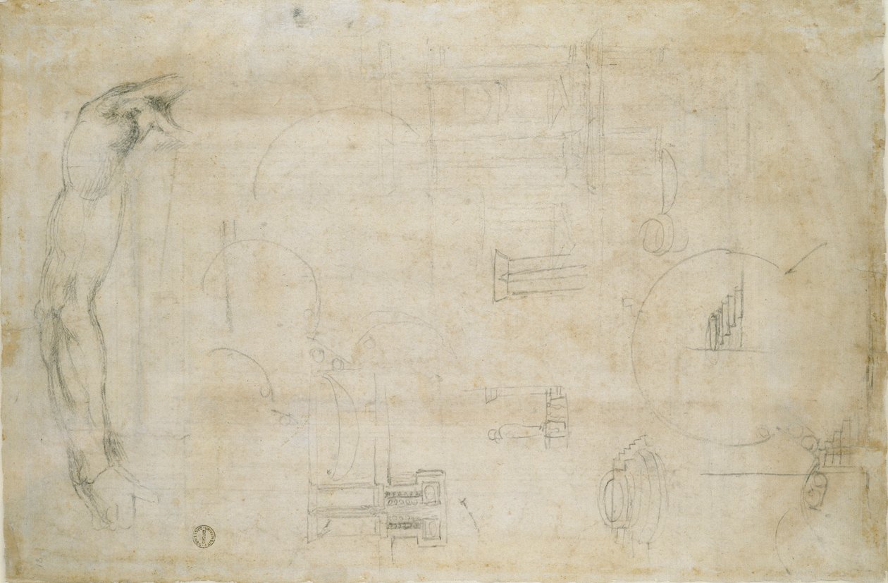 Bir Adamın Kolu Çalışması ve bazı mimari eskizler, c1490-1560 by Michelangelo Buonarroti