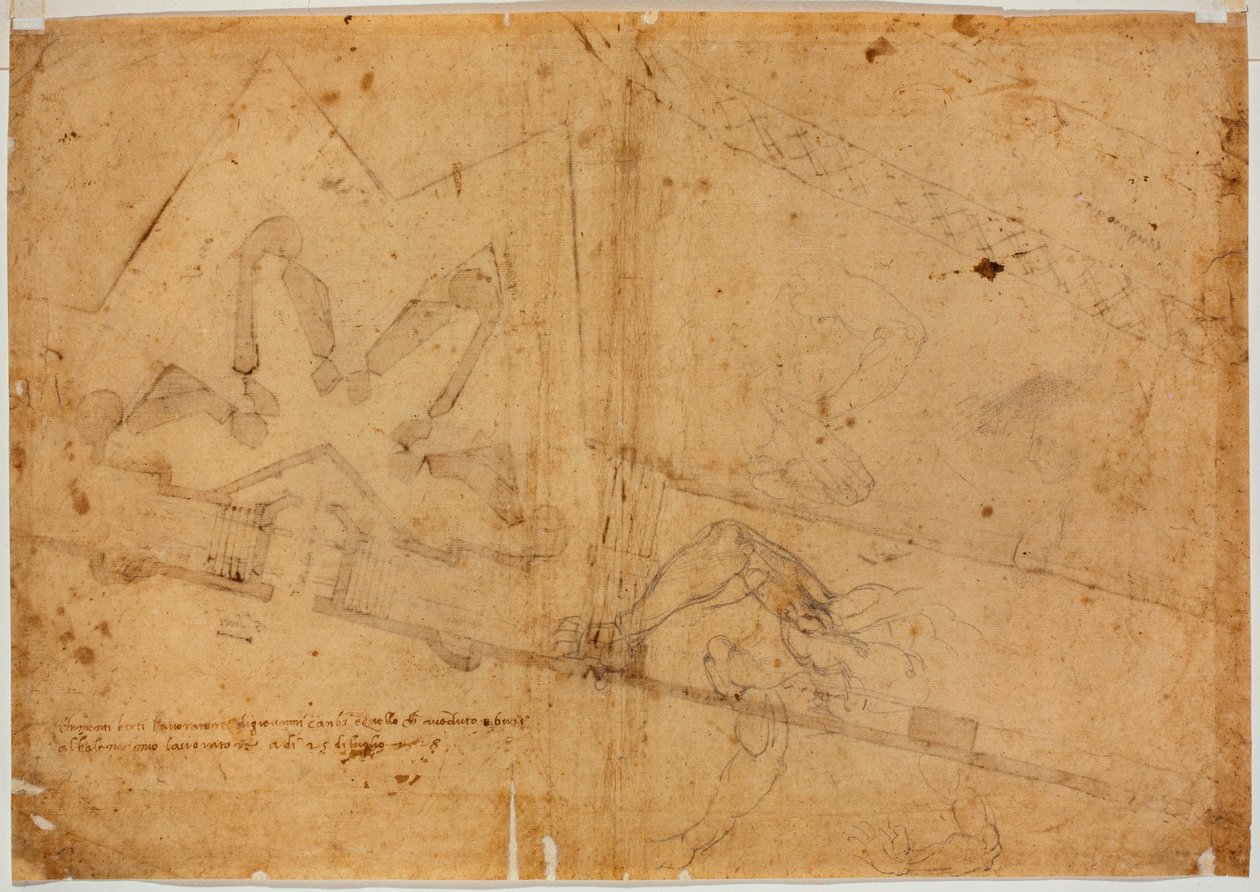 Diğer el tarafından figür çalışması ve el yazısı ile yazılmış yazı by Michelangelo Buonarroti