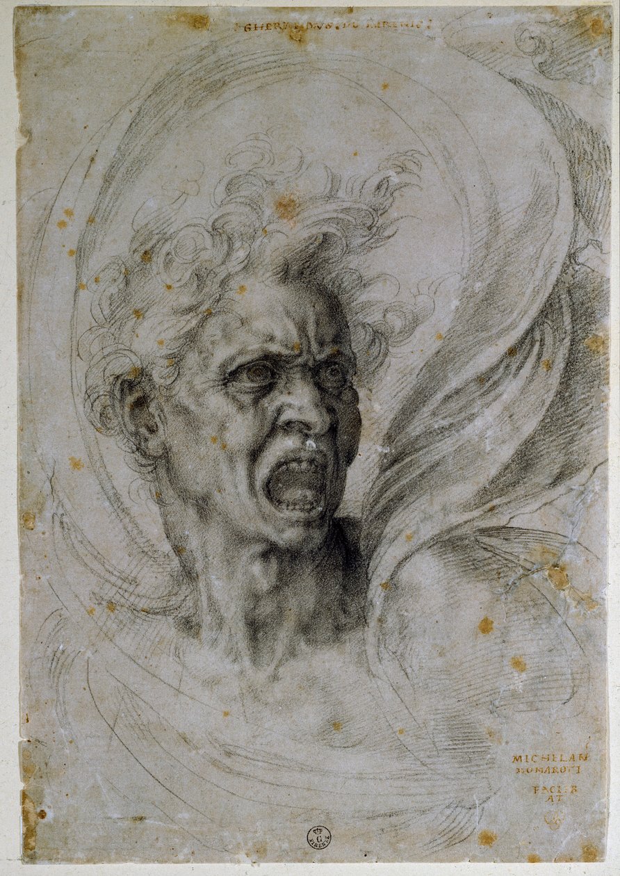 Çığlık atan bir adamın kafasını incelemek. Michelangelo Buonarroti tarafından Michel Ange veya Michelangelo veya Michelangelo (1475-1564) olarak bilinen çizim. Floransa, Uffizi Müzesi (Floransa, Uffizi