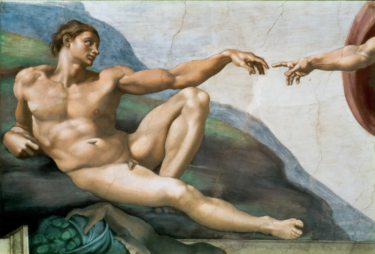 Adem'in Yaratılışı. Detay Sistine Şapeli'nin Vatikan'daki tavanı, 1508-1512. by Michelangelo Buonarroti