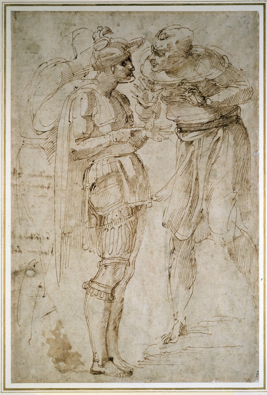 Konuşmada Üç Adam (kağıt üzerinde kalem ve kahverengi mürekkep) by Michelangelo Buonarroti