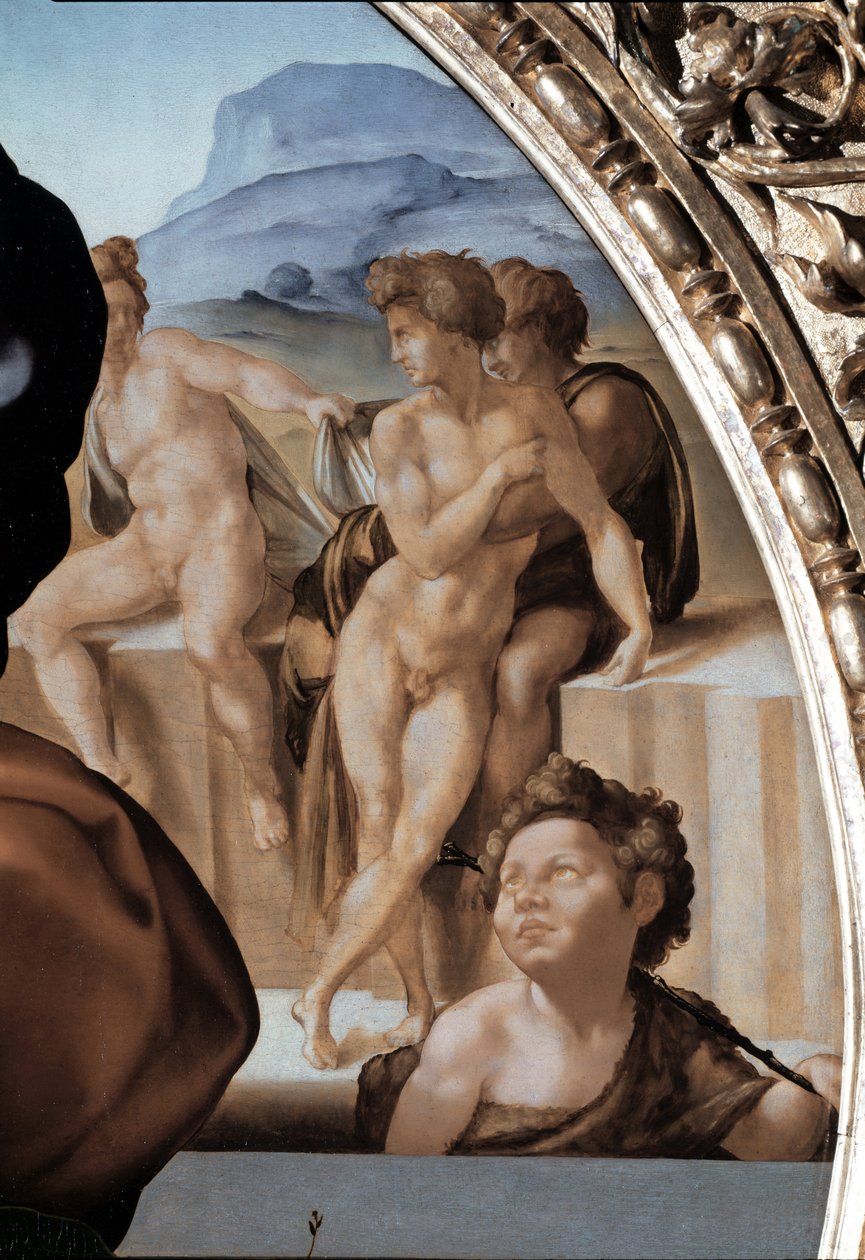 Tondo Doni: Vaftizci Yahya ile Kutsal Aile, detay - 1504-06 (panelde yağlı boya) by Michelangelo Buonarroti
