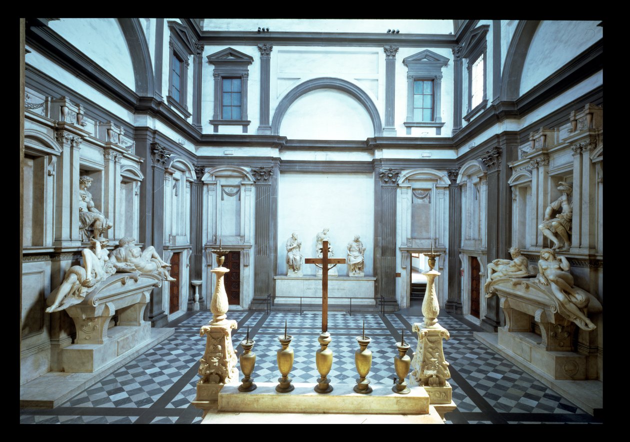 Michelangelo Buonarroti (1475-1564) tarafından tasarlanan ve Lorenzo, Urbino Dükü (1492-1519) (l) ve Giuliano, Nemours Dükü (1479-1516) (r), 1520-24