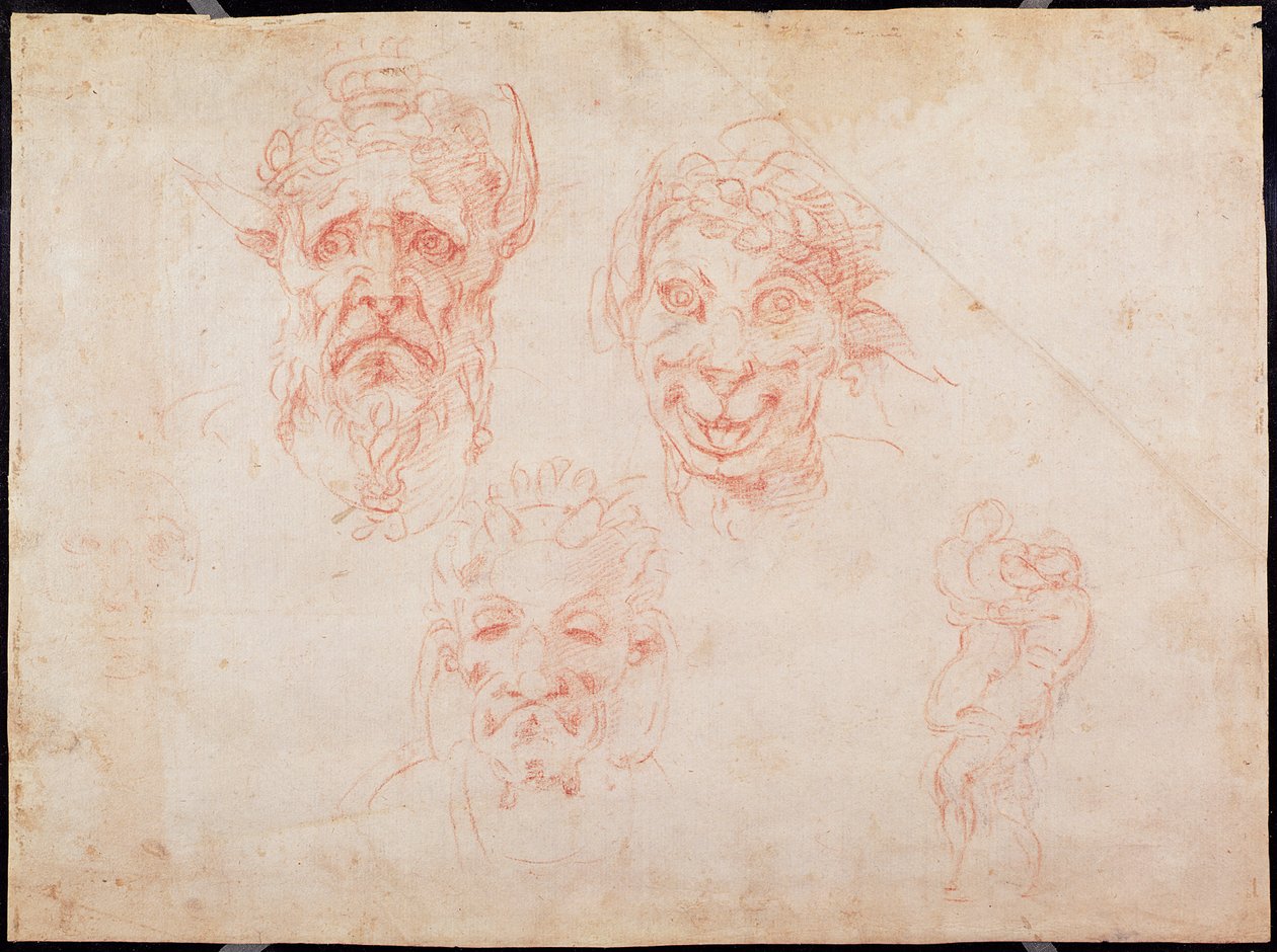 W.33 Satirlerin yüzlerinin eskizleri (kağıt üzerinde kırmızı tebeşir) by Michelangelo Buonarroti