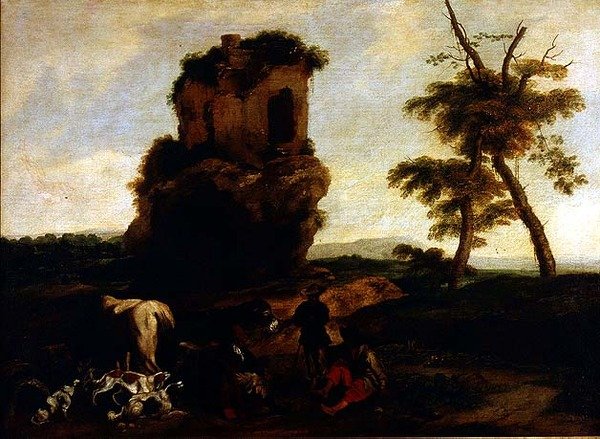 Bir Hanın yakınında dinlenen gezginlerin olduğu bir Manzara by Michelangelo Cerquozzi