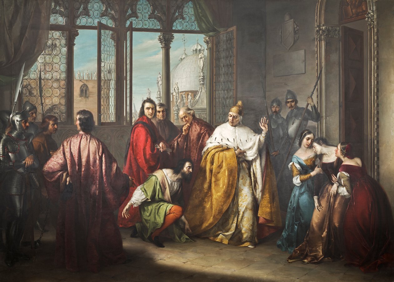Doge Francesco Foscari, oğlu Jacopo'yu sürgüne gönderir ("I due Foscari") by Michelangelo Grigoletti
