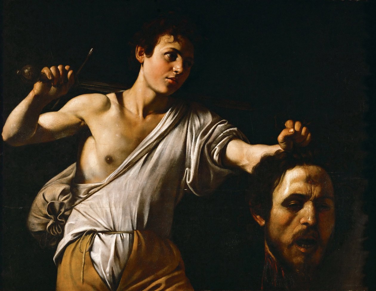 Barok: Goliath başlı David - Goliath Başkanı ile David Caravaggio, Michelangelo (1571-1610), yaklaşık. 1600. Ahşap üzeri yağlı boya, 90.5x116. Sanat Tarihi Müzesi, Viyana by Michelangelo Merisi da Caravaggio