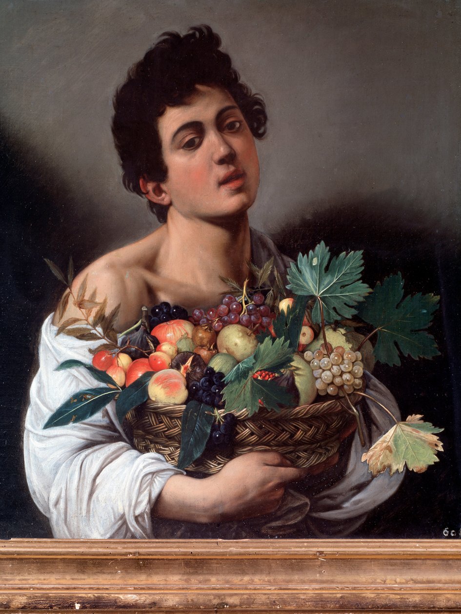 Meyve sepeti veya meyve veren genç bir adamın portresi. Detay (resim by Michelangelo Merisi da Caravaggio