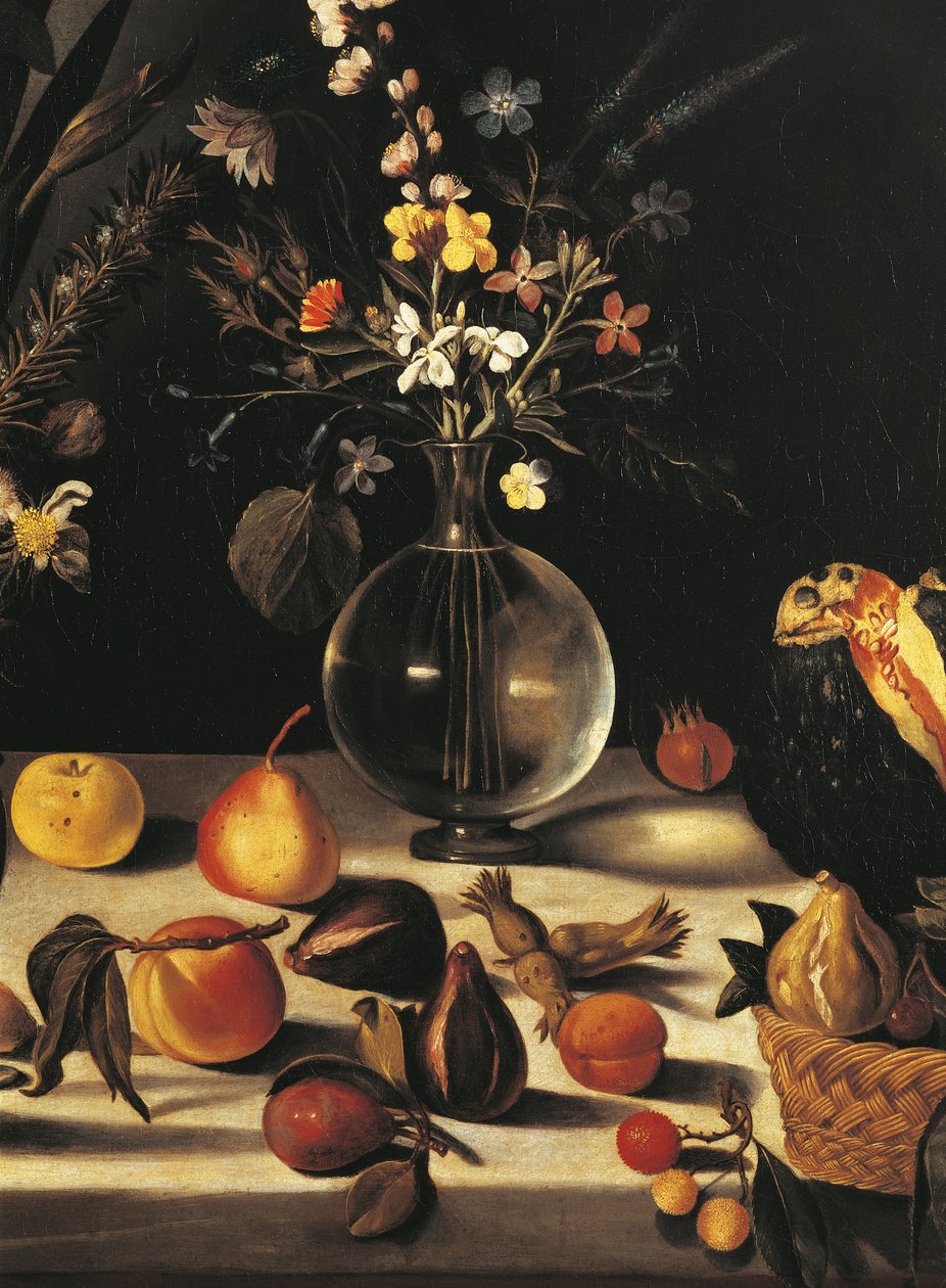 Çiçekler ve meyvelerle natürmort, Master of the Hartford Natürmort, c.1600-10 (tuval üzerine yağlı boya) (507174 detayı) by Michelangelo Merisi da Caravaggio