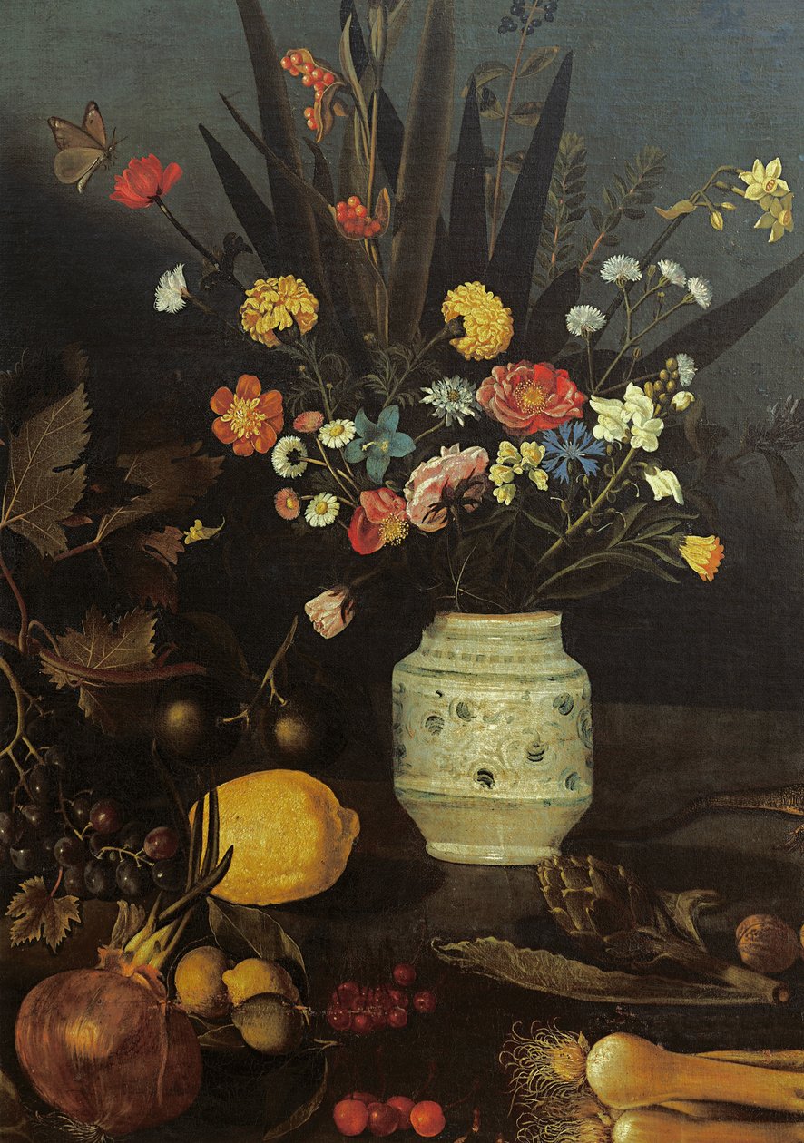Çiçekler ve bitkilerle natürmort (tuval üzerine yağlı boya) (624933 detayı) by Michelangelo Merisi da Caravaggio
