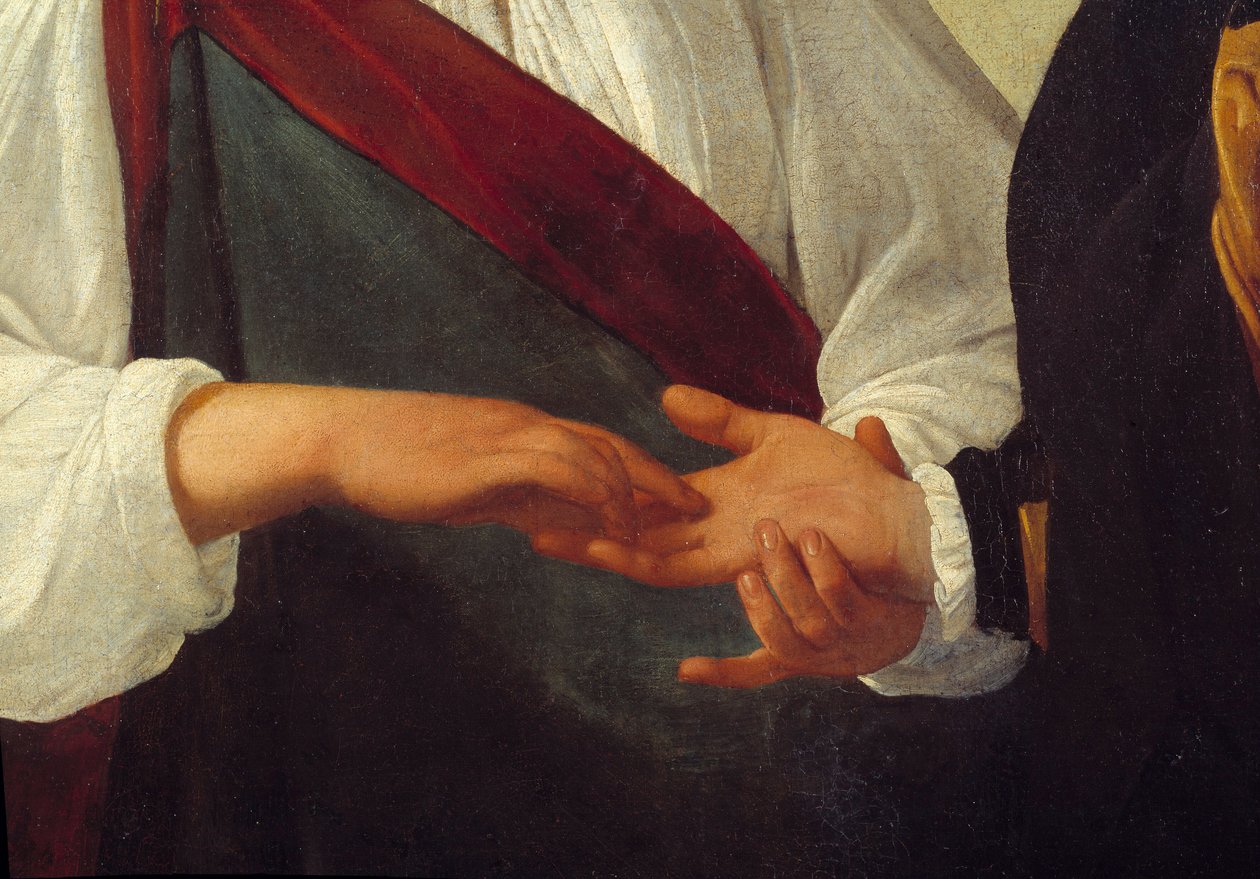 Müvekkilin elini temsil eden falcı Detayı, avucunun satırlarını okuyan kadının elinin içinde uzanmıştır. Resim Michelangelo Merisi da Caravaggio dit Le Caravaggio (yaklaşık 1571-1610) Güneş. 0,99x1,31 m by Michelangelo Merisi da Caravaggio