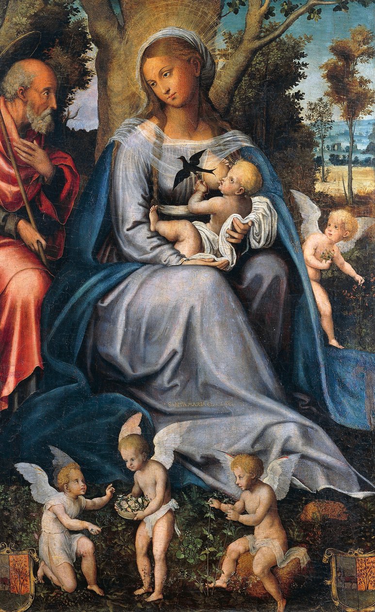 Mısır'da dinlenin, Teselli Üçlüsü'nün merkezi paneli, Michele Cavaro'ya (1517-1584) atfedilir, tempera ve ahşap üzerine yağ. by Michele (attr.) Cavaro