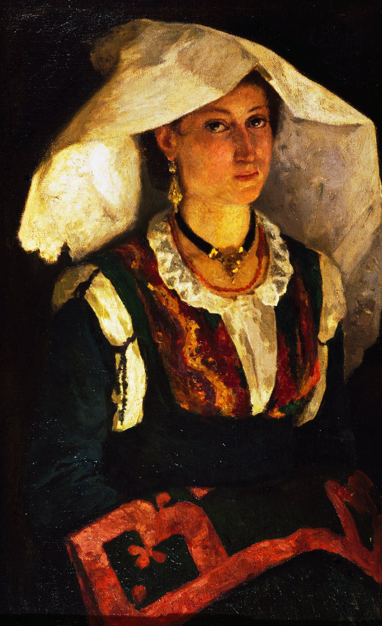Sardunya kostümlü kadın, yaklaşık 1875, Michele Cammarano (1835-1920), tuval üzerine yağlı boya. by Michele Cammarano