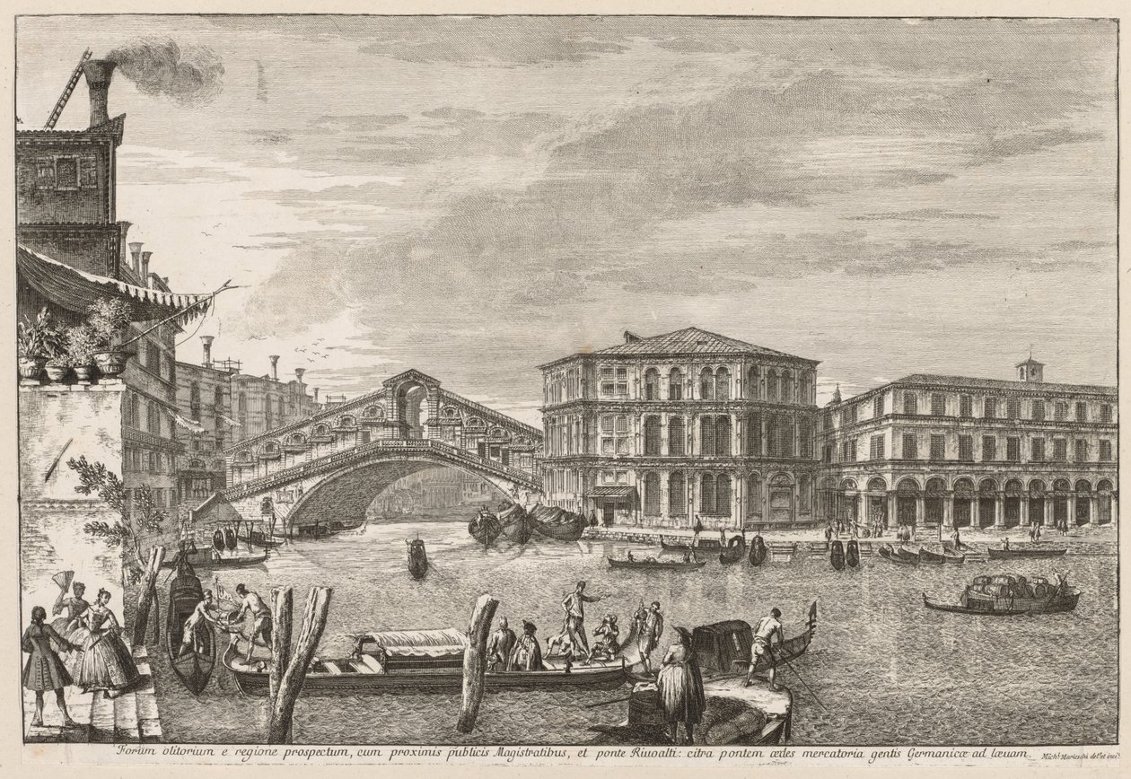 Venedik Manzaraları: Rialto Köprüsü ve Pazarı, 1741. by Michele Marieschi