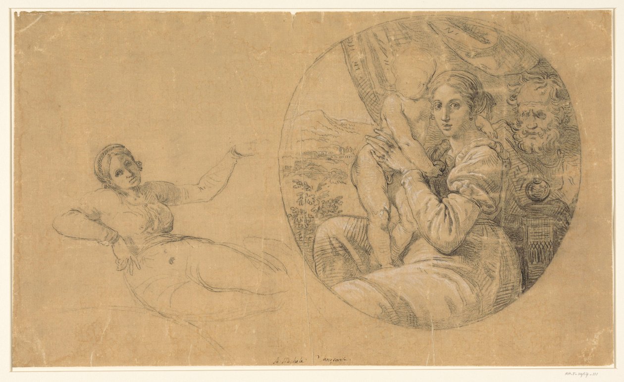 Kutsal Aile ile Tondo; ek olarak, yatan bir kadınla ilgili bir çalışma by Michele Sangiorgi (possibly)