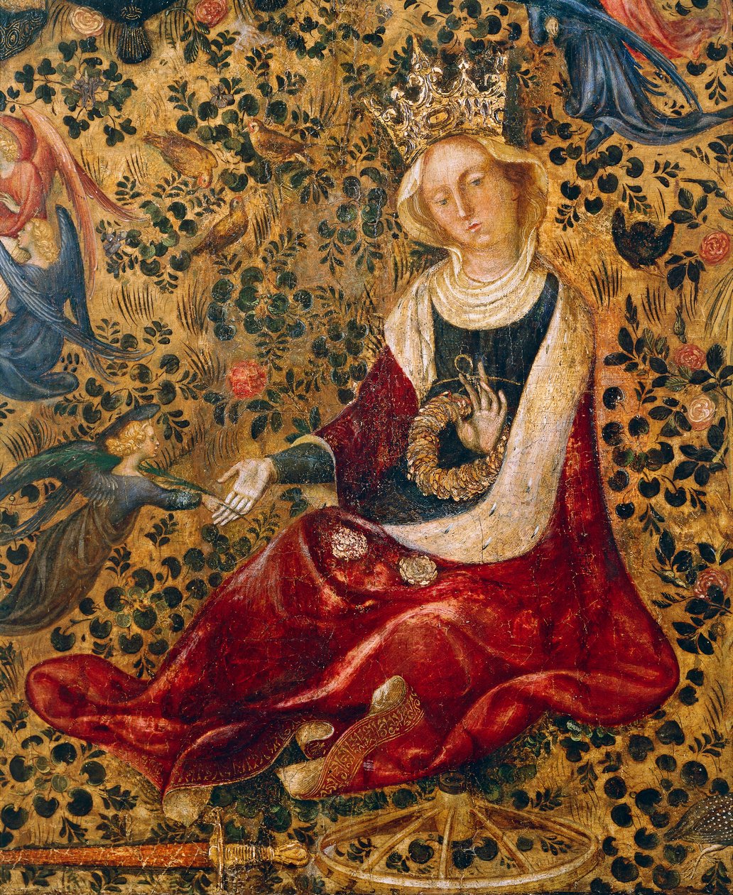 İskenderiyeli Aziz Catherine, Michelino da Besozzo (yaklaşık 1370-1455) veya Stefano da Verona (yaklaşık 1374-1438) imzalı Gül Bahçesi Madonna'sından detay, tempera on panel, 63x42 cm by Michelino Molinari da Besozzo