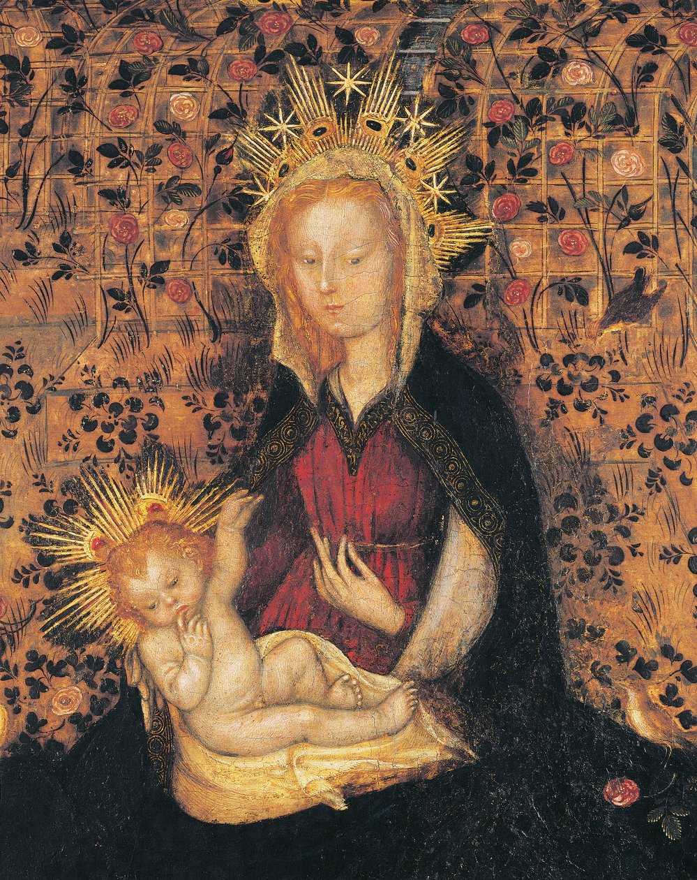 Bakire ve Çocuk, Gül Bahçesi Madonna'sından detay, Michelino da Besozzo (yaklaşık 1370-1455) veya Stefano da Verona (yaklaşık 1374-1438), tempera on panel, 63x42 cm by Michelino Molinari da Besozzo