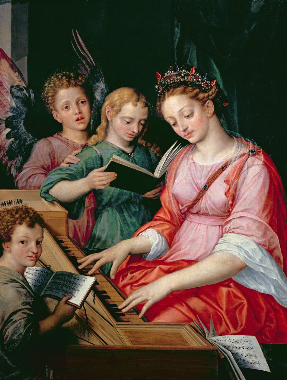 Aziz Cecilia Üç Melek Eşliğinde by Michiel I Coxie or Coxcie