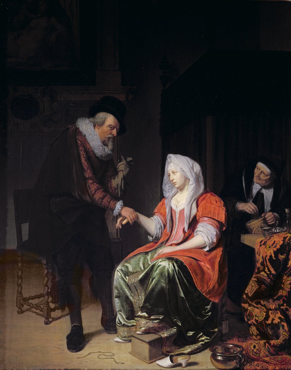 Genç bir kadının nabzını tutan doktor by Michiel van Musscher