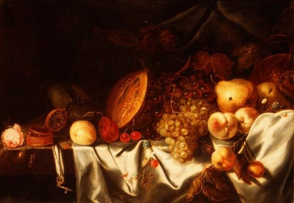 Bir kavun, üzüm ve güllü diğer meyveler, bir nautilus fincanı ve dökümlü bir çıkıntıda bir eşik saati by Michiel (follower of) Simons