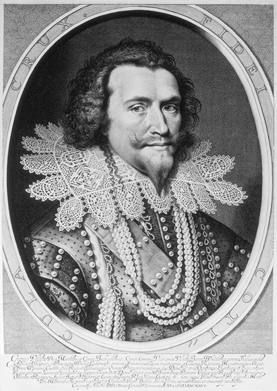 Willem Jacobsz tarafından oyulmuş George Villiers, 1. Buckingham Dükü (1592-1628) portresi. Delff (1580-1638) 1626 (gravür) (bw fotoğraf) by Michiel Jansz van Miereveld