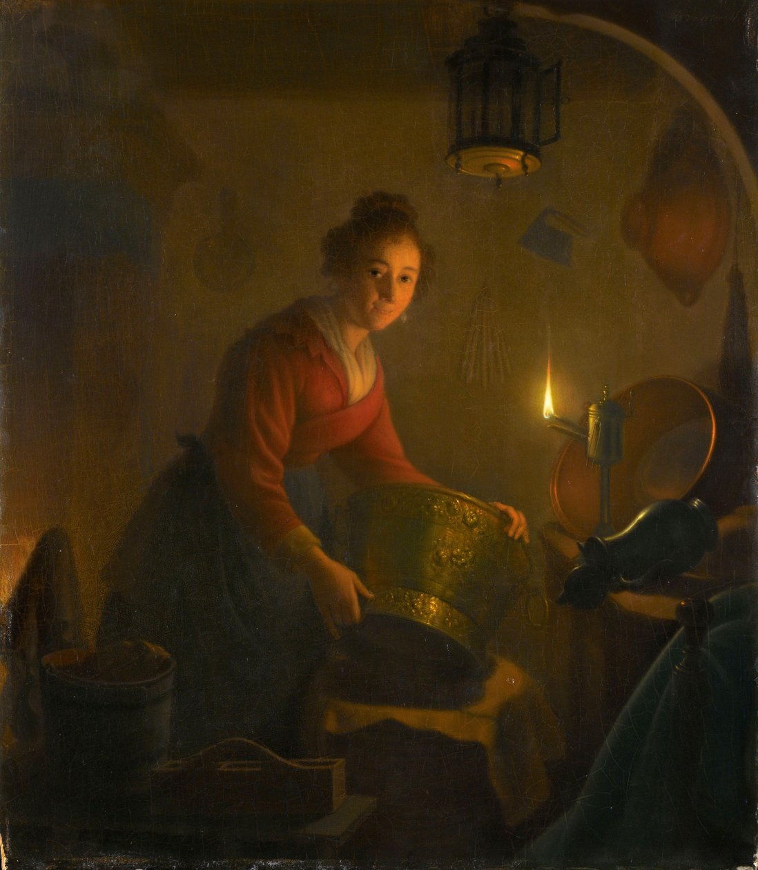 Woman in a Kitchen by Candlelight, 1830 dolayları (panelde yağlı boya) by Michiel Versteegh