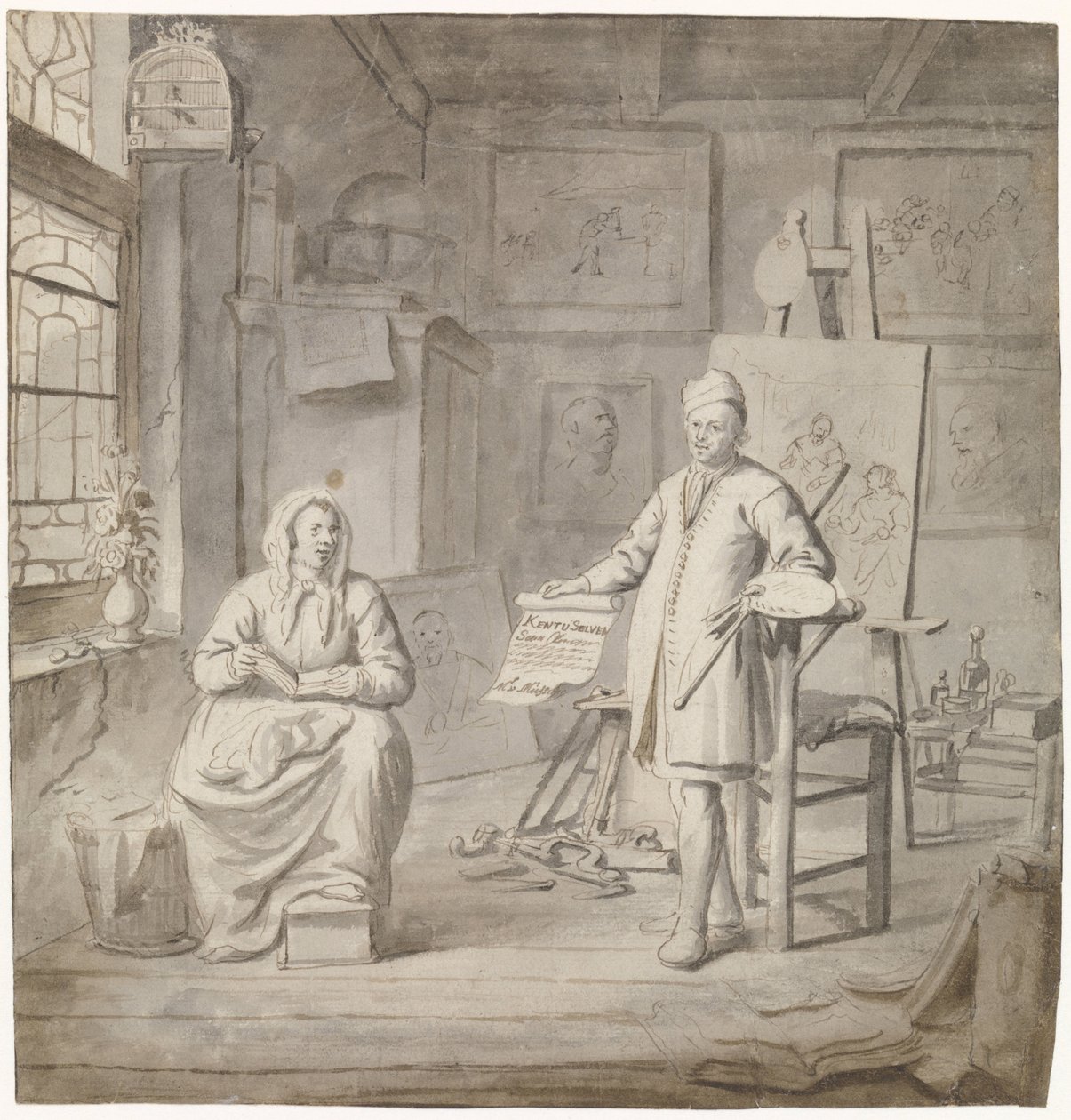 Ressam Michiel Comans ve üçüncü eşi Elisabeth van der Mersche stüdyoda by Michiel van Musscher