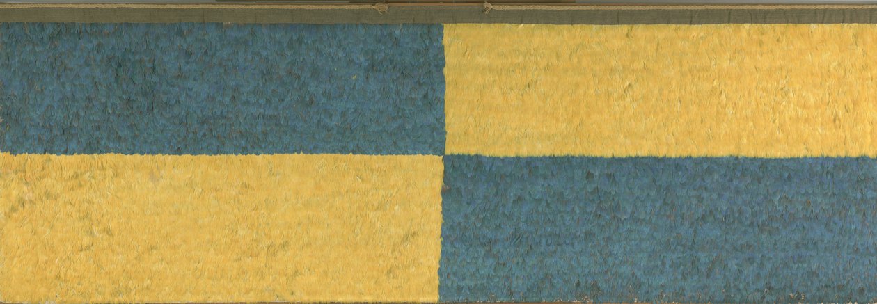 Mavi ve sarı tüy işlemeli dikdörtgenler içeren panel, c. A.D.650-850 (tüyler (mavi ve altın Amerika papağanı), pamuklu kumaş ve kamelid elyaf kumaş) by Middle Horizon Epoch 2A