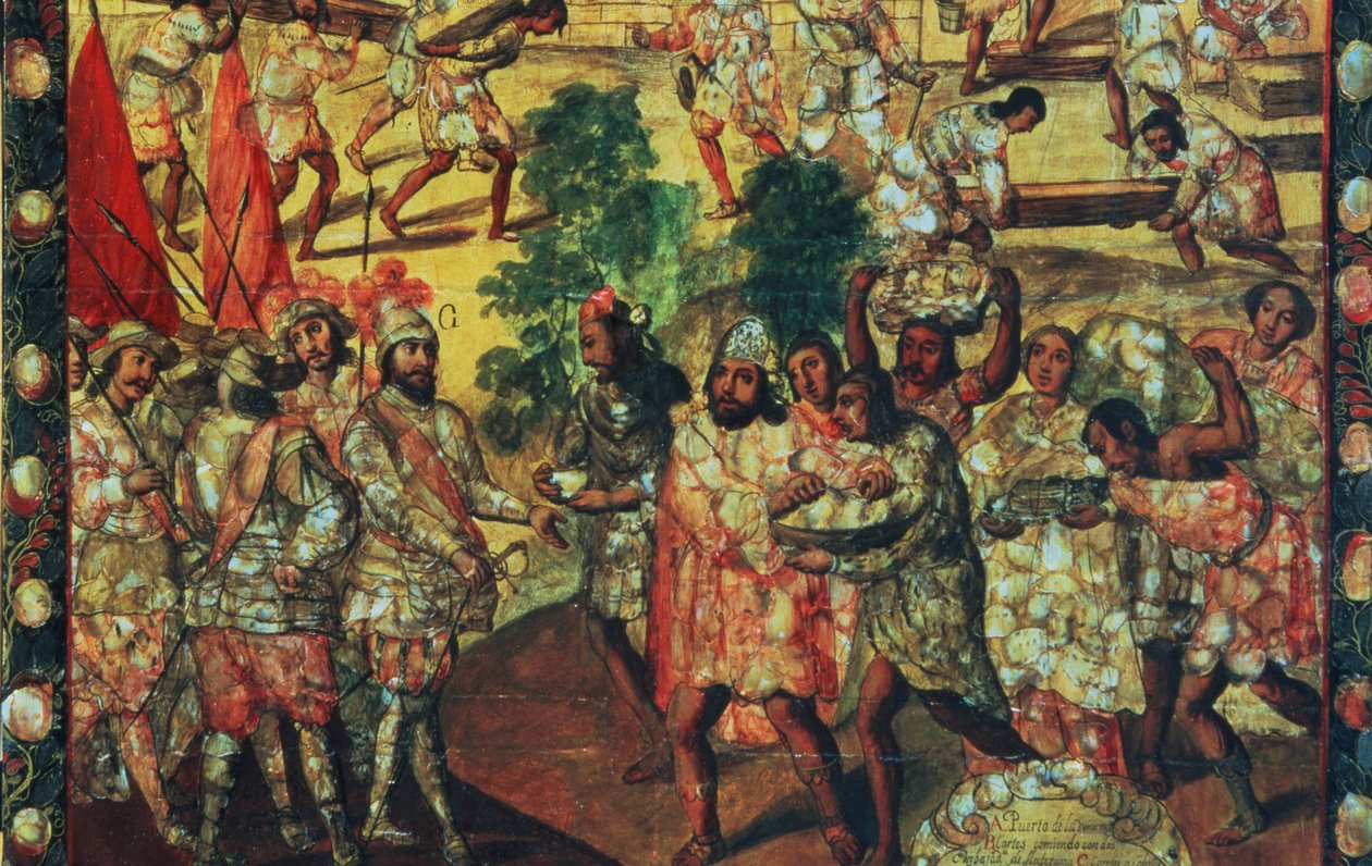Hernan Cortes'in (1485-1547) Cempoal'e Girmesi ve Tüm İspanyollara Et Veren ve Hediyeler Veren Şef Gordo'yu (Quauhtlaebana) Kabul Etmesinden Detay by Miguel Gonzalez