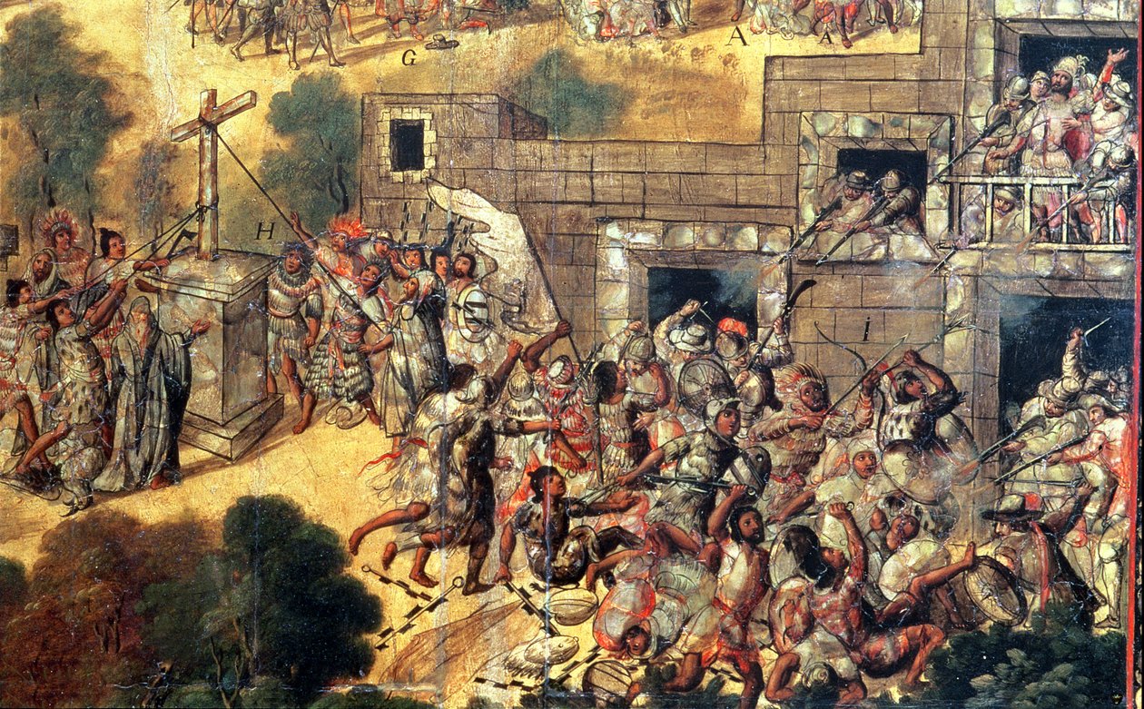 Putlara bakan Haçı Aşağı Çekme Girişimi ve Montezuma'ya taş atma ve ok atışlarından (1466-1520) 1698 (panelde yağlı boya) by Miguel Gonzalez