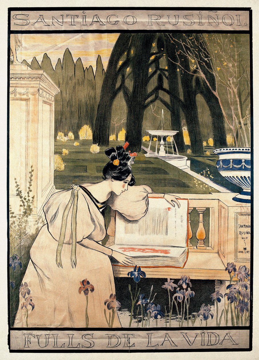 Santiago Rusinol y (i) Prats'ın (1861-1931) düzyazı şiirlerini gösteren taşbaskı serisi “Hayatın Sayfaları”nın poster sunumu by Miguel Utrillo