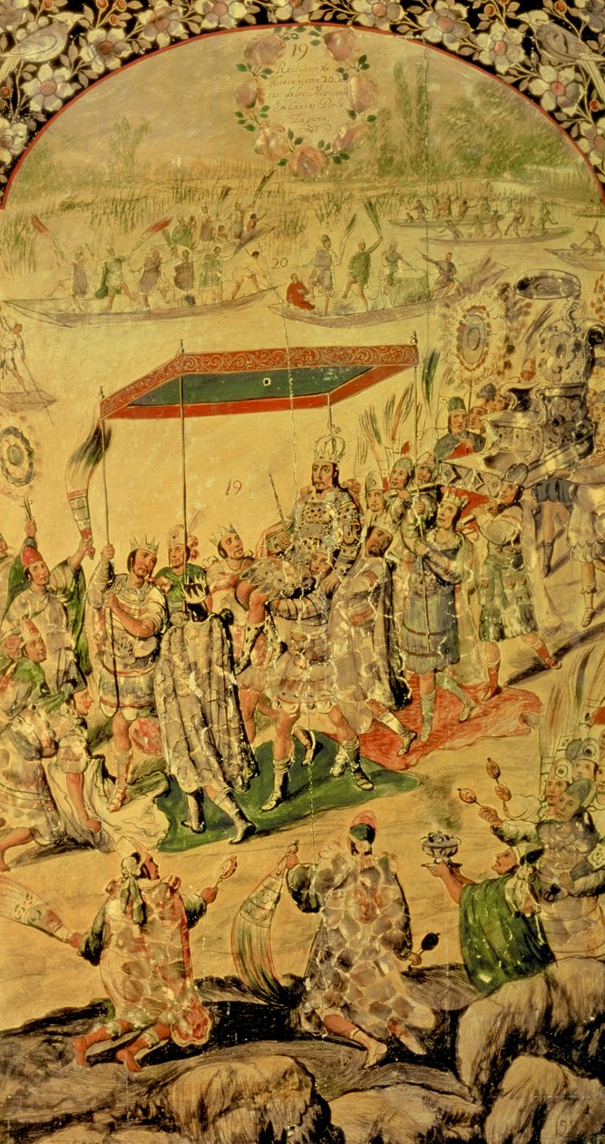 Hernando Cortes (1485-1547) ve Montezuma (1466-1520) arasındaki karşılaşmayı tasvir eden bir çift panelden biri: Montezuma ve takipçileri, 1698 by Miguel and Juan Gonzalez