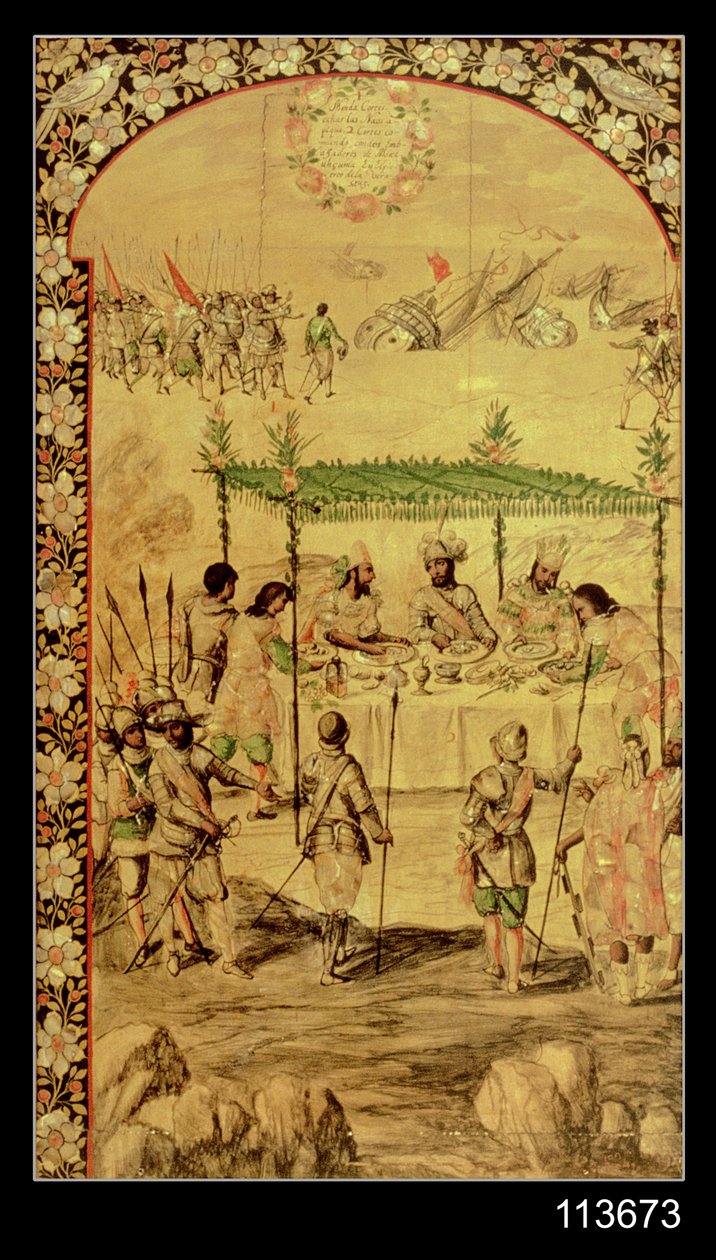 Meksika'nın Fethi: Hernando Cortes (1485-1547) Gemilerin İmha Edilmesini Emr eder ve Montezuma Elçileri (1466-1520) ile 1520'de Buluşur by Miguel and Juan Gonzalez