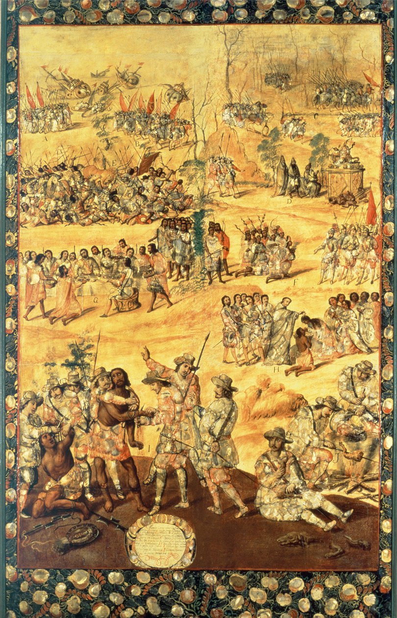 Hernando Cortes (1485-1547) ve Montezuma (1466-1520) arasındaki Karşılaşma, Meksika'nın Fethi'nden bir panel by Miguel and Juan Gonzalez