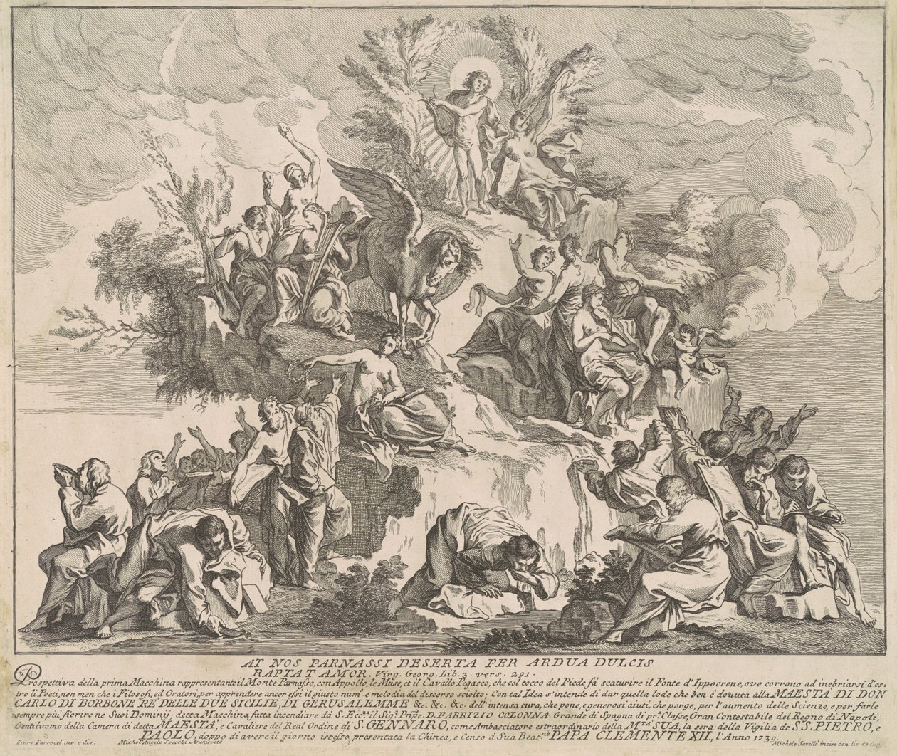 1739 Chinea için Prima Macchina: Apollo, Muses ve Pegasus ile Parnassus Dağı by Miguel de Sorellò, after Pierre Parrocel, after Michelangelo Specchi