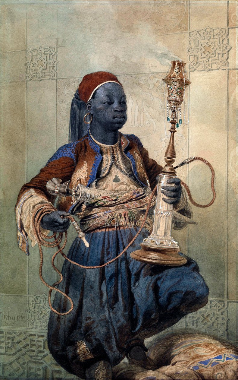""Portrait de nubien a la pipe a eau"" (Nubian, Nargile ile) Aquarelle de Mihaly Zichy (1827-1906) 1862 Dim 49,5x31 cm Özel Koleksiyon by Mihaly von Zichy