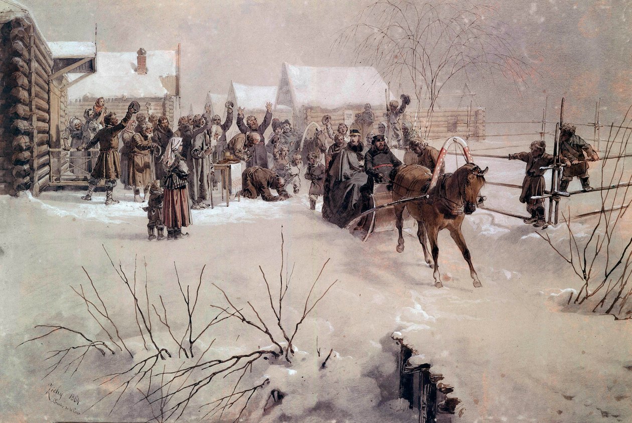Çar Alexander II (1818-1881) bir kızakta kar altında bir köyü geçiyor Mihaly von Zichy (1827-1906) tarafından suluboya 19. yüzyıl Saint Petersburg, Chateau de Peterhof by Mihaly von Zichy