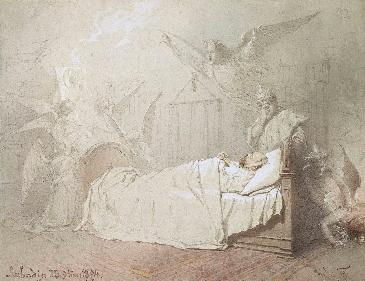 Alexander III, Meleklerle çevrili ölüm döşeğinde, 1895. by Mihály Zichy