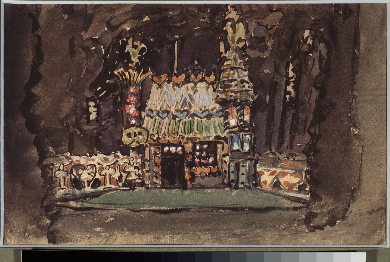 Engelbert Humperdinck (1854-1921) tarafından "Hansel ve Gretel" operası için hazırlık dekoru (Hansel ve Gretel operası için Sahne Tasarımı) - Mikhail Alexandrovich Vrubel (Vrubel) (1856-1910), kurşun kalem, suluboya ve guaj çalışması kağıtta by Mikhail Aleksandrovich Vrubel