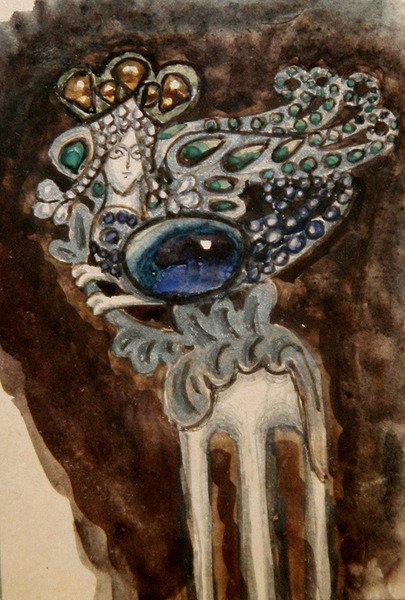 Prenses Maria Tenisheva için dekoratif bir tarak tasarımı, c.1900-10 (kağıt üzerine sulu boya) by Mikhail Aleksandrovich Vrubel
