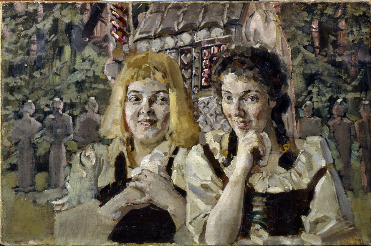 Hansel ve Gretel (Hansel ve Gretel). Jacob (1785-1863) ve Wilhelm (1786-1859) Grimm kardeşlerin masalından iki çocuğun şekerci evinin önünde açgözlü gözlerle portreleri. Mihail Aleksandroviç Vrubel (Vrubel) (1856-1910), yağlı boya by Mikhail Aleksandrovich Vrubel