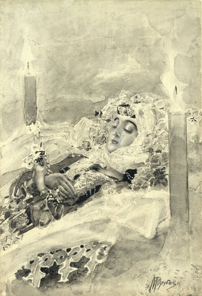 Tamara tabutta. Mihail Lermontov, 1890-1891 tarafından yazılan Şeytan şiirine örnek by Mikhail Aleksandrovich Vrubel