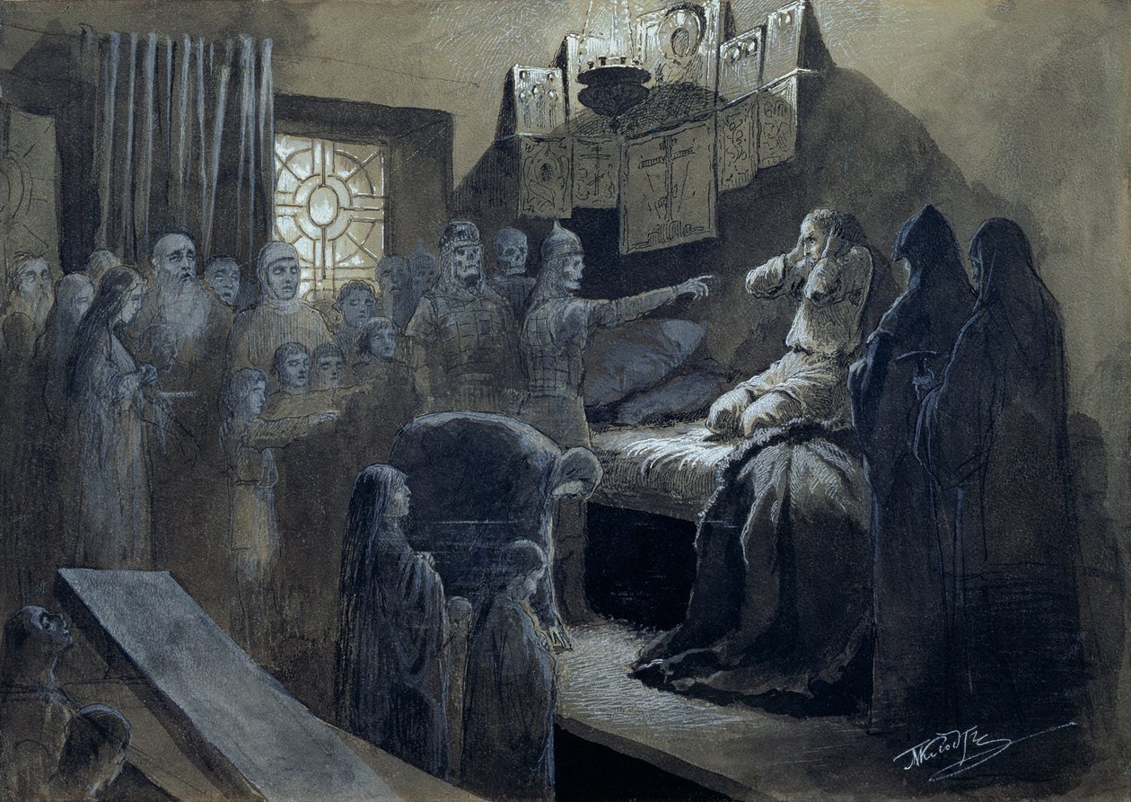 IV. İvan (1530-84) Öldürdüklerinin Hayaletleri Tarafından Ziyaret Edilen Korkunç (kağıt üzerinde gövde rengi ile kalem ve mürekkep) by Mikhail Konstantinovich Klodt