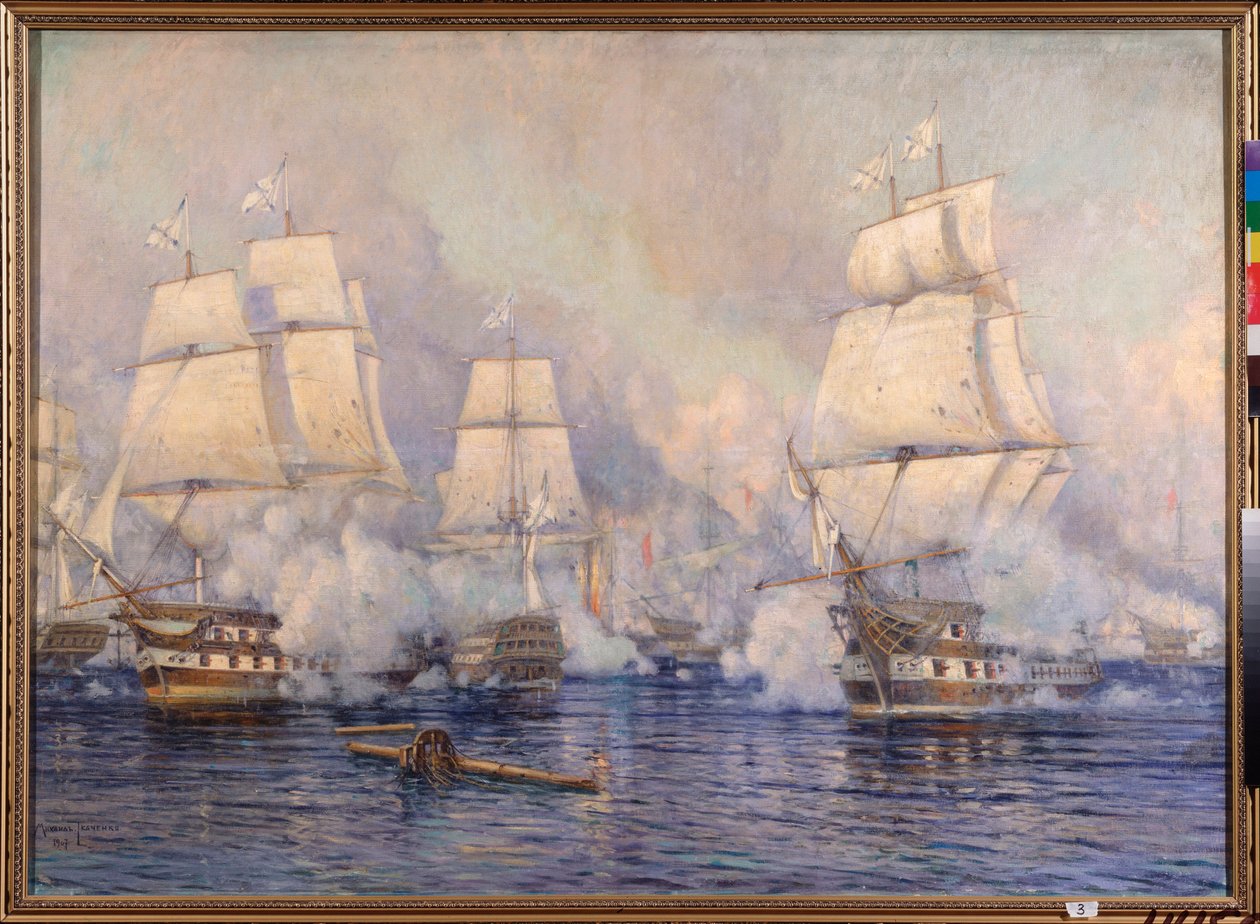 Navarino deniz savaşı, 20 Ekim 1827, Osmanlı donanması ile Fransız-İngiliz-Rus donanması arasında (1828-1829 Rus-Türk savaşının bölümü ve Yunan bağımsızlık savaşı veya 1821-1830 Yunan devrimi) - ( Na Deniz Savaşı by Mikhail Stepanovich Tkatchenko